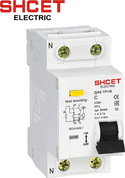 Изображение товара Дифференциальный автомат SHCET ДА 8 1Р+N 16А 10мА уст. шина / S0000495