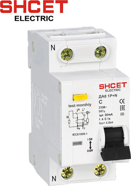 Изображение товара Дифференциальный автомат SHCET ДА 8 1Р+N 25А 30мА уст. шина / S0000486