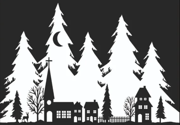 Изображение товара Наклейка на окно Зимнее волшебство Дома на фоне елей / 10075683 (50х34см)