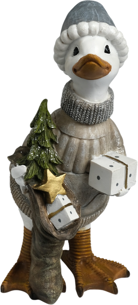 Изображение товара Статуэтка No Brand Гусь в бежевом свитере, с носком с подарками и елкой / 10325904