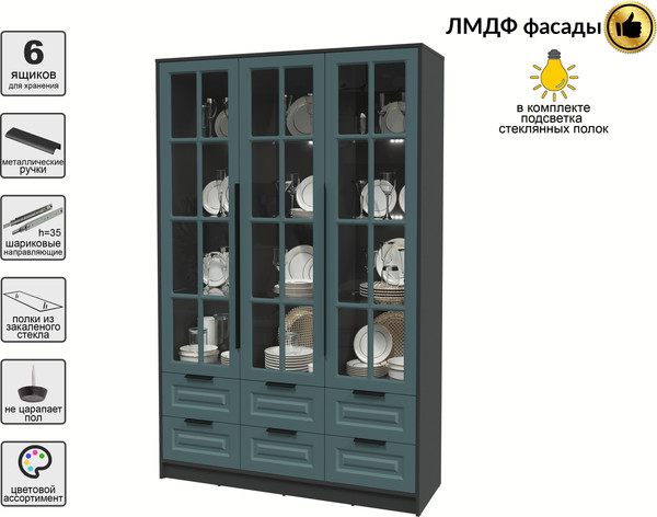 Изображение товара Шкаф с витриной Интерлиния Концепт КТ-ШВ3 с подсветкой Деко (антрацит/верде)