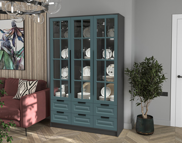 Изображение товара Шкаф с витриной Интерлиния Концепт КТ-ШВ3 с подсветкой Деко (антрацит/верде)