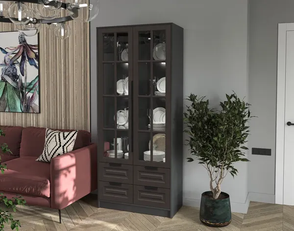 Изображение товара Шкаф с витриной Интерлиния Концепт КТ-ШВ2 с подсветкой Деко (антрацит/дуб английский)