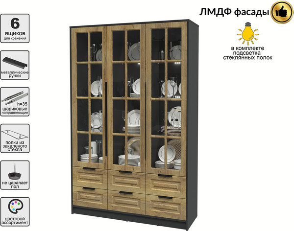 Изображение товара Шкаф с витриной Интерлиния Концепт КТ-ШВ3 с подсветкой Деко (антрацит/дуб вотан)