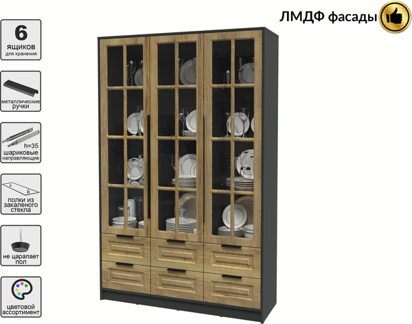 Изображение товара Шкаф с витриной Интерлиния Концепт КТ-ШВ3 Деко (антрацит/дуб вотан)