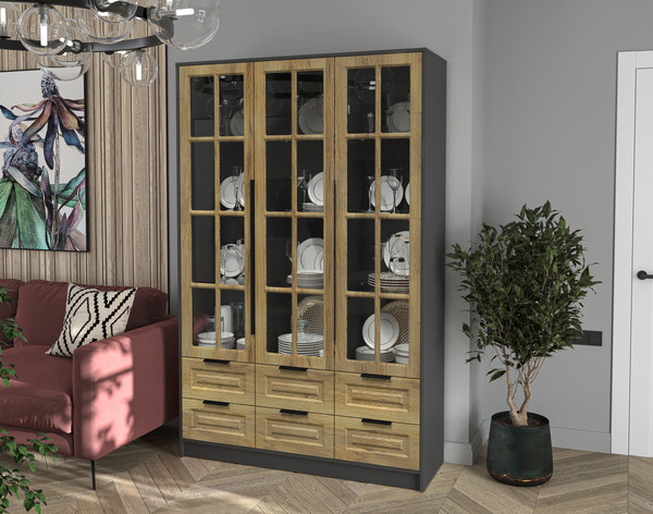 Изображение товара Шкаф с витриной Интерлиния Концепт КТ-ШВ3 Деко (антрацит/дуб вотан)