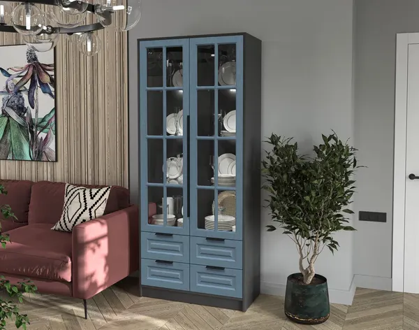 Изображение товара Шкаф с витриной Интерлиния Концепт КТ-ШВ2 с подсветкой Деко (антрацит/дуб лазурный)