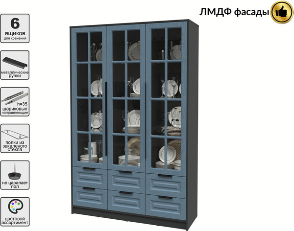 Изображение товара Шкаф с витриной Интерлиния Концепт КТ-ШВ3 Деко (антрацит/дуб лазурный)