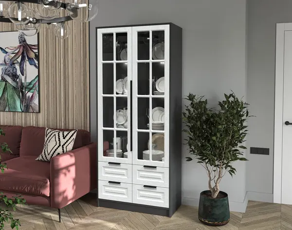 Изображение товара Шкаф с витриной Интерлиния Концепт КТ-ШВ2 с подсветкой Деко (антрацит/дуб полярный)