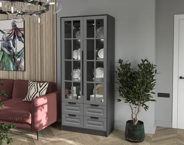 Изображение товара Шкаф с витриной Интерлиния Концепт КТ-ШВ2 с подсветкой Деко (антрацит/дуб серый)