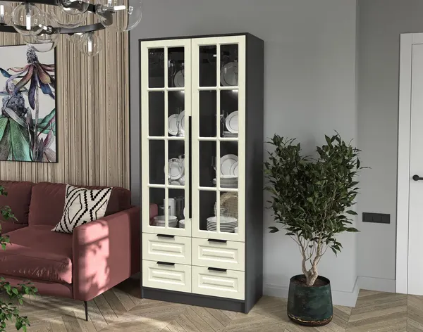 Изображение товара Шкаф с витриной Интерлиния Концепт КТ-ШВ2 с подсветкой Деко (антрацит/дуб снежный)