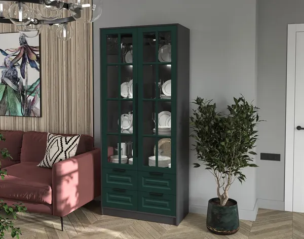 Изображение товара Шкаф с витриной Интерлиния Концепт КТ-ШВ2 с подсветкой Деко (антрацит/изумруд)