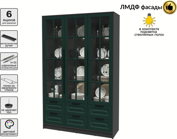 Изображение товара Шкаф с витриной Интерлиния Концепт КТ-ШВ3 с подсветкой Деко (антрацит/изумруд)