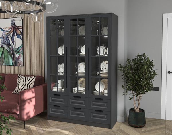 Изображение товара Шкаф с витриной Интерлиния Концепт КТ-ШВ3 с подсветкой Деко (антрацит/пепел)