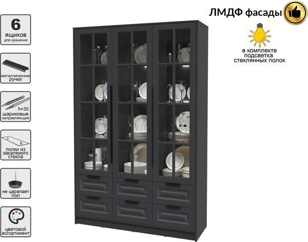 Изображение товара Шкаф с витриной Интерлиния Концепт КТ-ШВ3 с подсветкой Деко (антрацит/пепел)