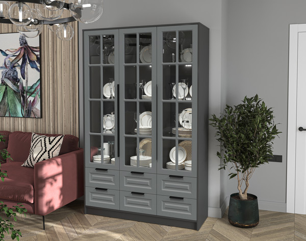 Изображение товара Шкаф с витриной Интерлиния Концепт КТ-ШВ3 с подсветкой Деко (антрацит/серый)