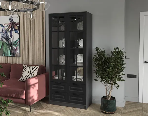 Изображение товара Шкаф с витриной Интерлиния Концепт КТ-ШВ2 Деко (антрацит/черный)