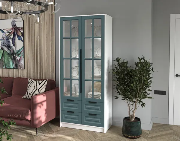 Изображение товара Шкаф с витриной Интерлиния Концепт КТ-ШВ2 с подсветкой Деко (белый платинум/верде)