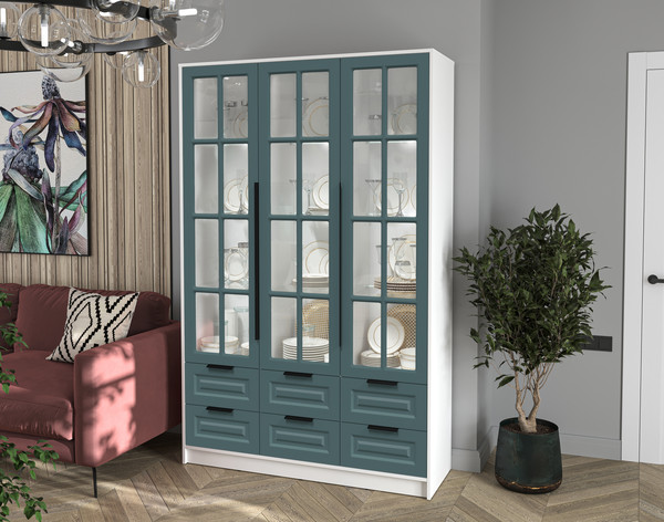 Изображение товара Шкаф с витриной Интерлиния Концепт КТ-ШВ3 с подсветкой Деко (белый платинум/верде)