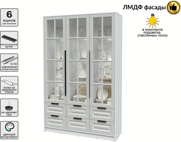 Изображение товара Шкаф с витриной Интерлиния Концепт КТ-ШВ3 с подсветкой Деко (белый платинум/грей)