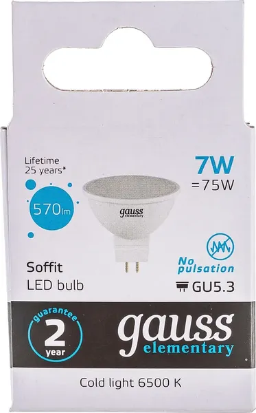 Изображение товара Лампа Gauss Elementary MR16 7W 570lm 6500K GU5.3 / 13537