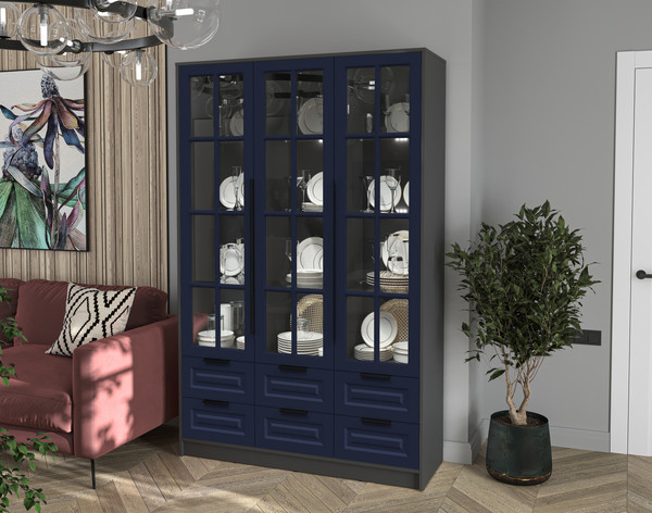 Изображение товара Шкаф с витриной Интерлиния Концепт КТ-ШВ3 с подсветкой Деко (антрацит/индиго)