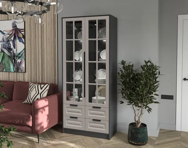 Изображение товара Шкаф с витриной Интерлиния Концепт КТ-ШВ2 с подсветкой Деко (антрацит/луна)