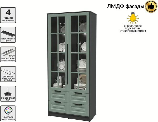 Изображение товара Шкаф с витриной Интерлиния Концепт КТ-ШВ2 с подсветкой Деко (антрацит/мята)