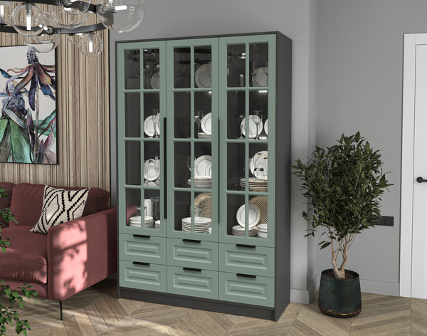 Изображение товара Шкаф с витриной Интерлиния Концепт КТ-ШВ3 с подсветкой Деко (антрацит/мята)