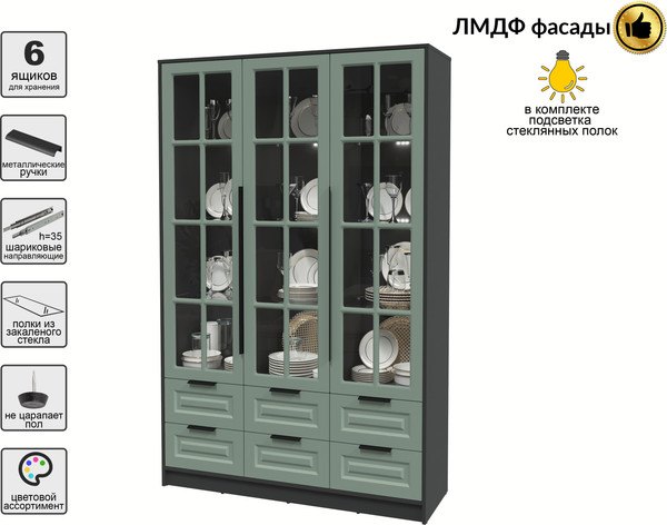 Изображение товара Шкаф с витриной Интерлиния Концепт КТ-ШВ3 с подсветкой Деко (антрацит/мята)