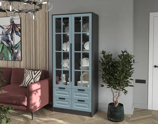 Изображение товара Шкаф с витриной Интерлиния Концепт КТ-ШВ2 с подсветкой Деко (антрацит/океан)