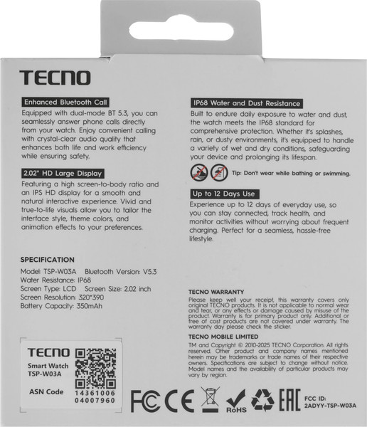 Изображение товара Умные часы Tecno Watch 3 Active TSP-W03A (черный)