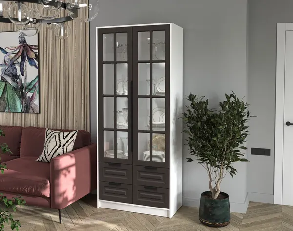 Изображение товара Шкаф с витриной Интерлиния Концепт КТ-ШВ2 с подсветкой Деко (белый платинум/дуб английский)