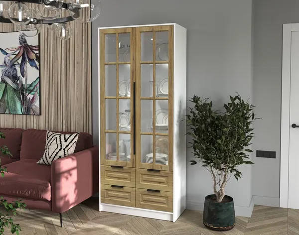 Изображение товара Шкаф с витриной Интерлиния Концепт КТ-ШВ2 с подсветкой Деко (белый платинум/дуб вотан)