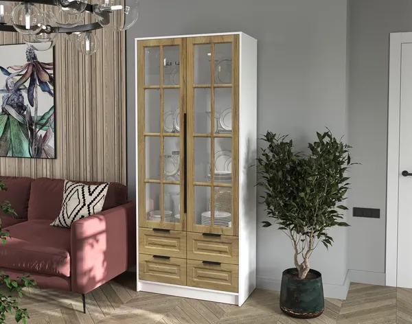 Изображение товара Шкаф с витриной Интерлиния Концепт КТ-ШВ2 Деко (белый платинум/дуб вотан)