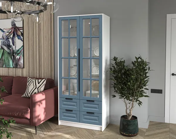 Изображение товара Шкаф с витриной Интерлиния Концепт КТ-ШВ2 Деко (белый платинум/дуб лазурный)