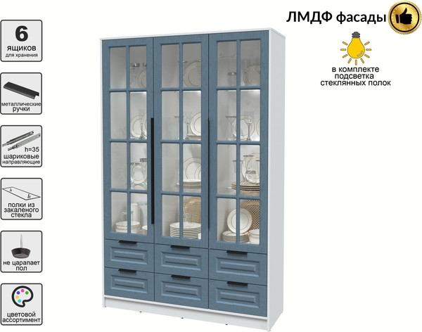 Изображение товара Шкаф с витриной Интерлиния Концепт КТ-ШВ3 с подсветкой Деко (белый платинум/дуб лазурный)