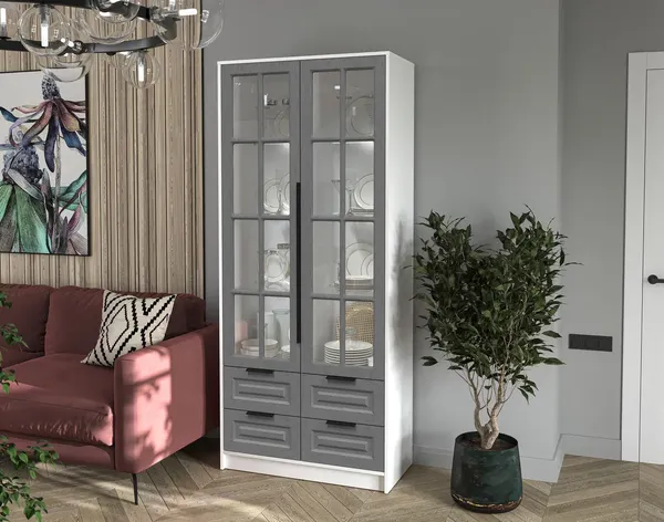 Изображение товара Шкаф с витриной Интерлиния Концепт КТ-ШВ2 с подсветкой Деко (белый платинум/дуб серый)