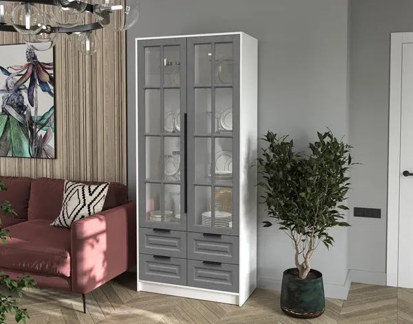 Изображение товара Шкаф с витриной Интерлиния Концепт КТ-ШВ2 Деко (белый платинум/дуб серый)