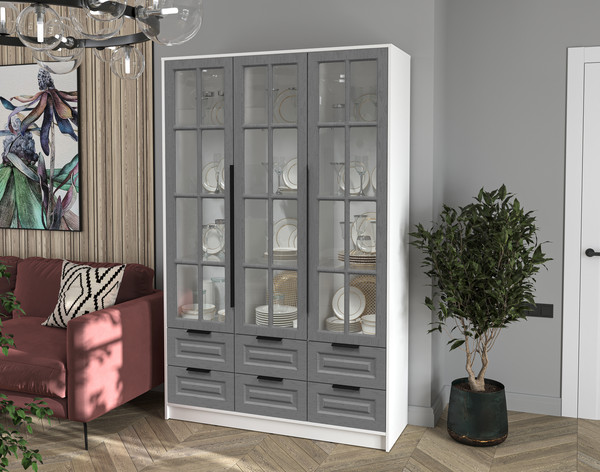Изображение товара Шкаф с витриной Интерлиния Концепт КТ-ШВ3 Деко (белый платинум/дуб серый)
