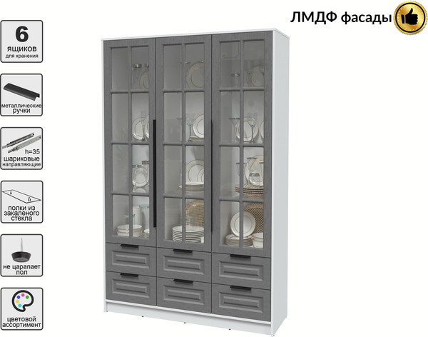 Изображение товара Шкаф с витриной Интерлиния Концепт КТ-ШВ3 Деко (белый платинум/дуб серый)