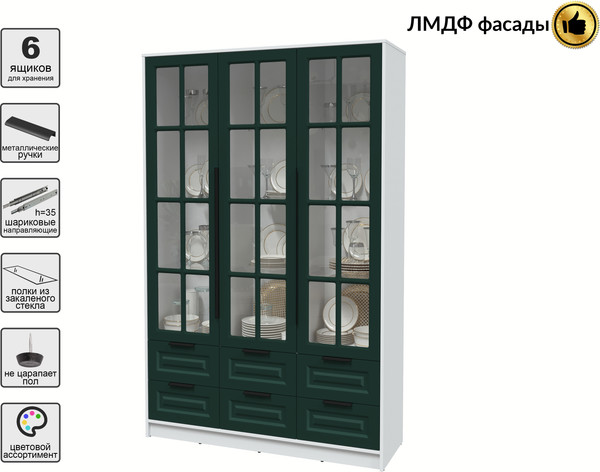 Изображение товара Шкаф с витриной Интерлиния Концепт КТ-ШВ3 Деко (белый платинум/изумруд)