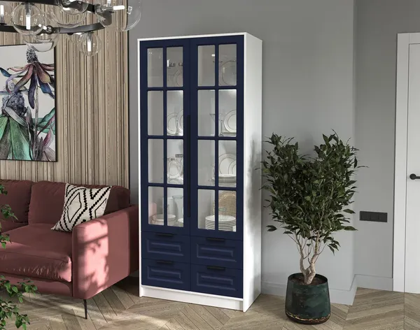 Изображение товара Шкаф с витриной Интерлиния Концепт КТ-ШВ2 с подсветкой Деко ( белый платинум/индиго)