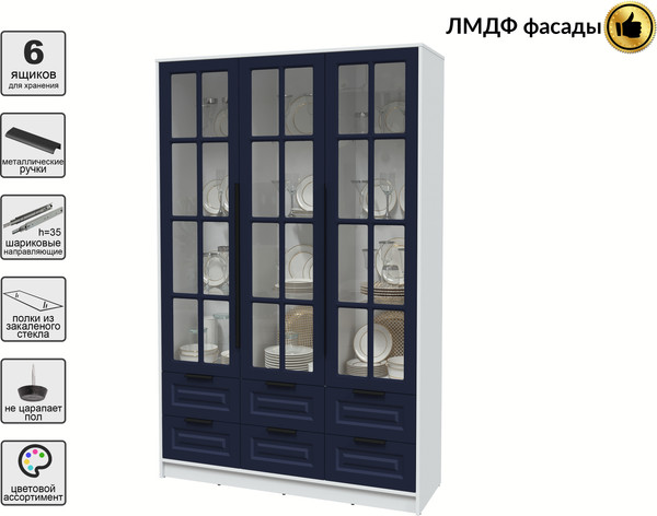 Изображение товара Шкаф с витриной Интерлиния Концепт КТ-ШВ3 Деко (белый платинум/индиго)