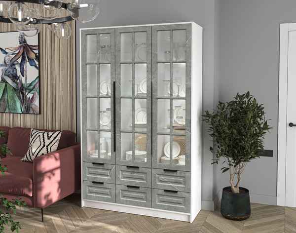 Изображение товара Шкаф с витриной Интерлиния Концепт КТ-ШВ3 с подсветкой Деко (белый платинум/керамика)