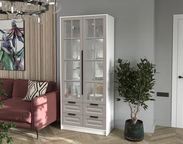 Изображение товара Шкаф с витриной Интерлиния Концепт КТ-ШВ2 с подсветкой Деко (белый платинум/луна)