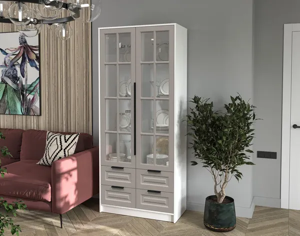 Изображение товара Шкаф с витриной Интерлиния Концепт КТ-ШВ2 Деко (белый платинум/луна)