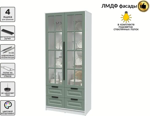 Изображение товара Шкаф с витриной Интерлиния Концепт КТ-ШВ2 с подсветкой Деко (белый платинум/мята)