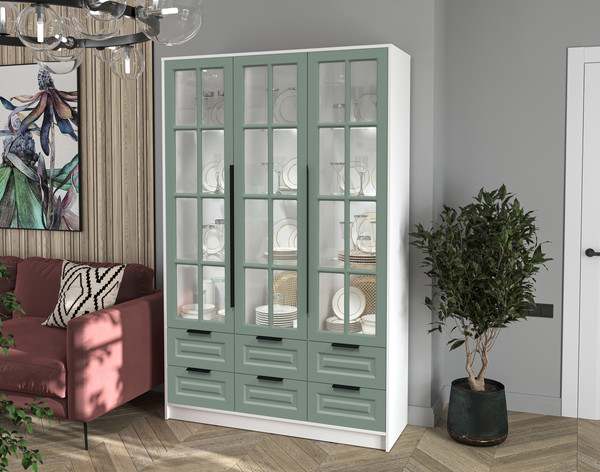 Изображение товара Шкаф с витриной Интерлиния Концепт КТ-ШВ3 с подсветкой Деко (белый платинум/мята)