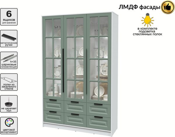 Изображение товара Шкаф с витриной Интерлиния Концепт КТ-ШВ3 с подсветкой Деко (белый платинум/мята)